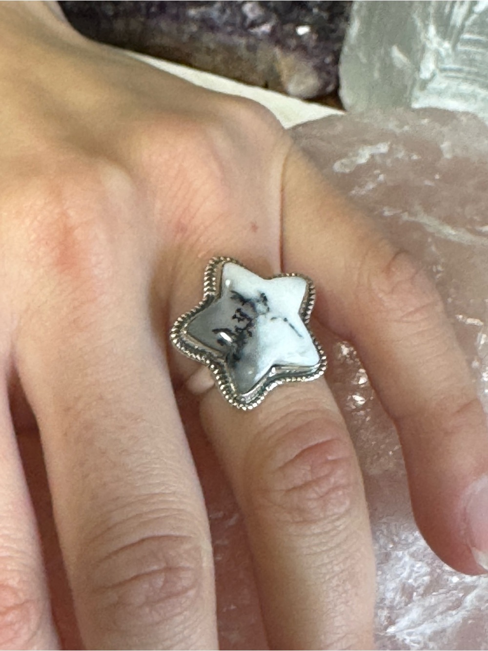 Dendritic Opal Sterling Silver Star Gemstone Statement Ring - Size 6.5